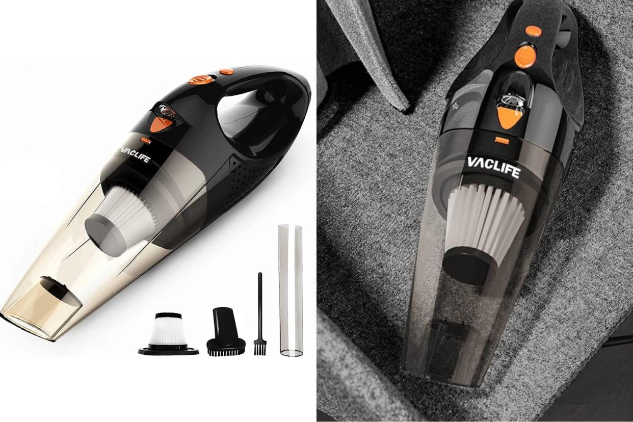 the Amazon handheld vacuum on a car seat