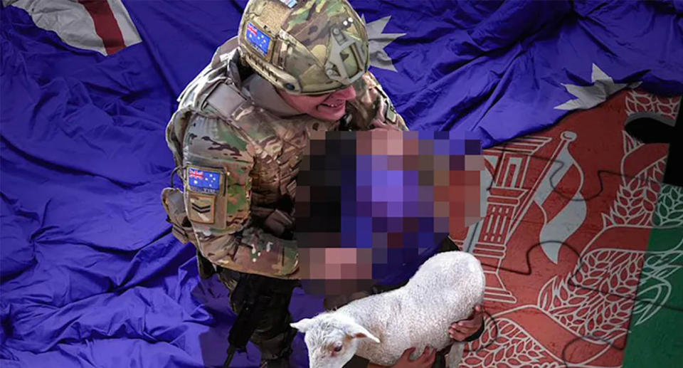 The fake image of an Australian soldier slitting the throat of an Afghan child was shared by Zhao in November 2020. Source: Twitter/ Zhao Lijian