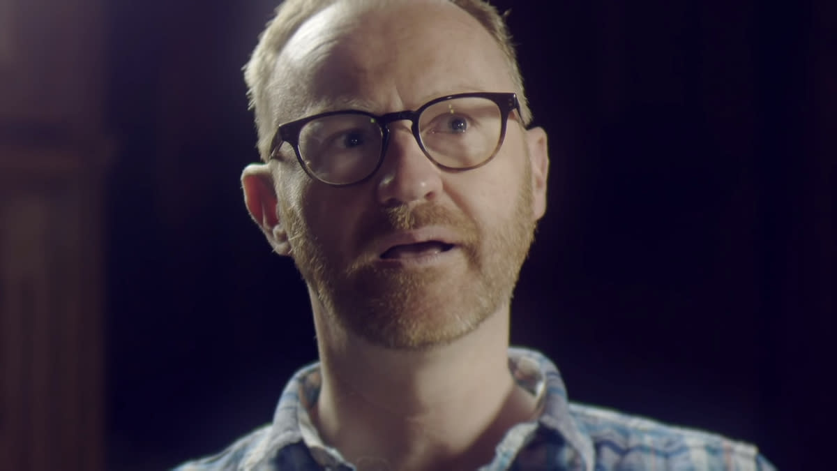 Actor and writer Mark Gatiss delivers a tearful message urging viewers to support Stand Up to Cancer. (Credit: Stand Up to Cancer)