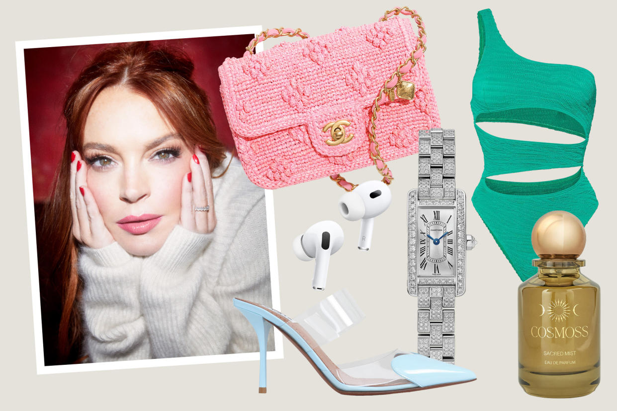 Collage of Lindsay Lohan with bag, shoes, watch, swimsuit, perfume, Airpods.