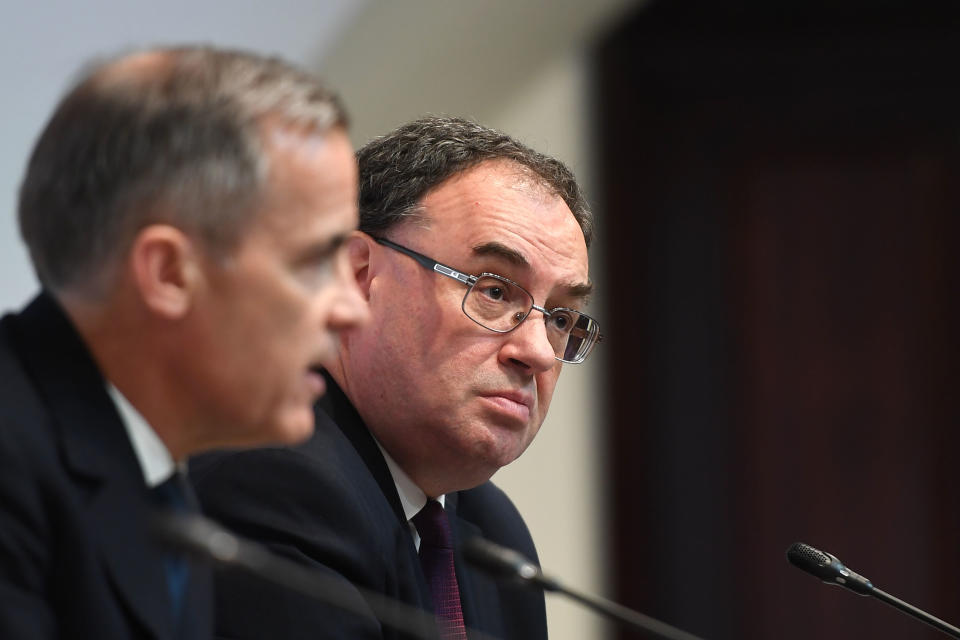 LONDON, ENGLAND - MARCH 11: (L-R) Mark Carney, governor of the Bank of England (BOE) and Andrew Bailey, governor-designate of the Bank of England (BOE) attend a news conference at Bank Of England on March 11, 2020 in London, England. The Bank of England has cut interest rates from 0.75% to 0.25% amid the Coronavirus outbreak. (Photo by Peter Summers - WPA Pool/Getty Images)