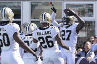 New Orleans Saints strong safety Malcolm Jenkins (27) celebrates after his touchdown against the New England Patriots during the second half of an NFL football game, Sunday, Sept. 26, 2021, in Foxborough, Mass. (AP Photo/Steven Senne)