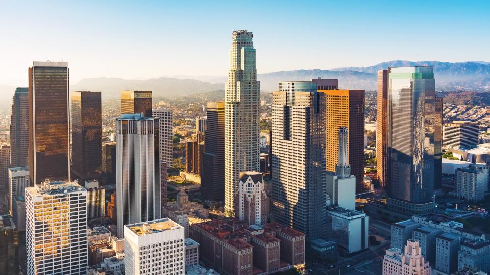 Aerial view of a Downtown Los Angeles at sunset.