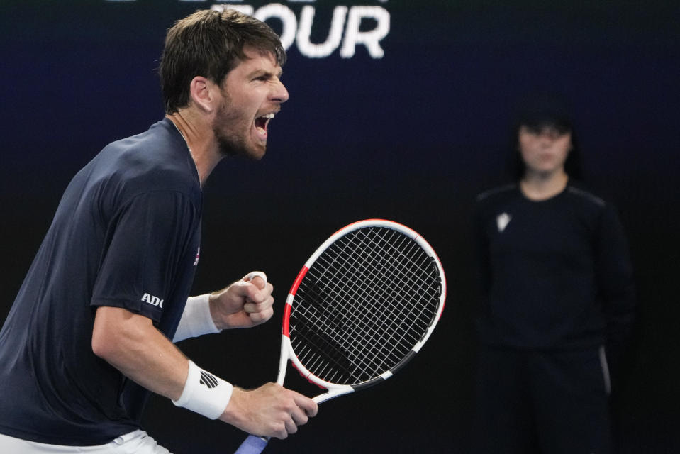 Britain's Cameron Norrie celebrates during his match against United States' Taylor Fritz at the United Cup tennis event in Sydney, Australia, Wednesday, Jan. 4, 2023. (AP Photo/Mark Baker)