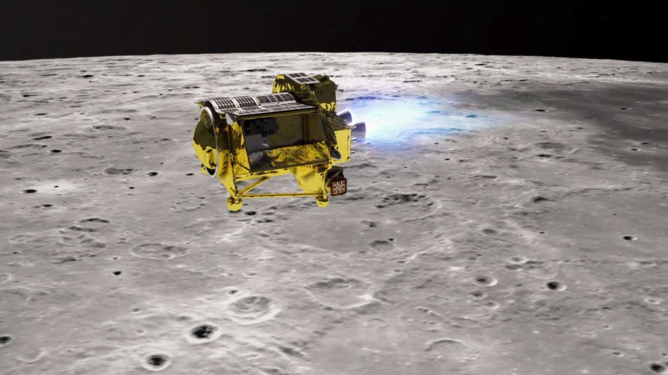 An artist's illustration shows the descent of the SLIM lander to the lunar surface.  -JAXA
