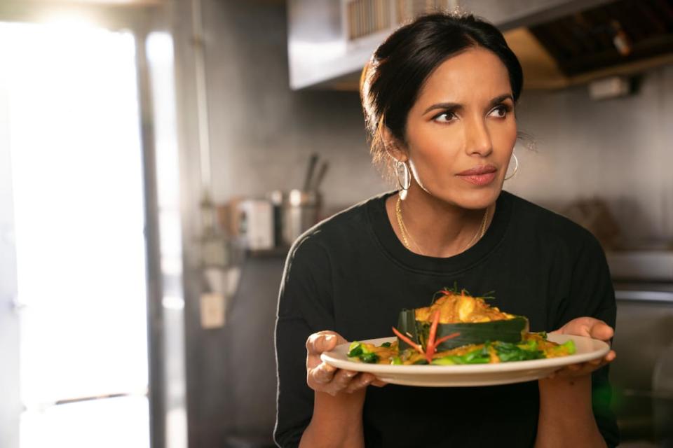 <div class="inline-image__caption"><p>Padma with a Cambodian dish in Lowell, Massachusetts.</p></div> <div class="inline-image__credit">Craig Blankenhorn/Hulu</div>