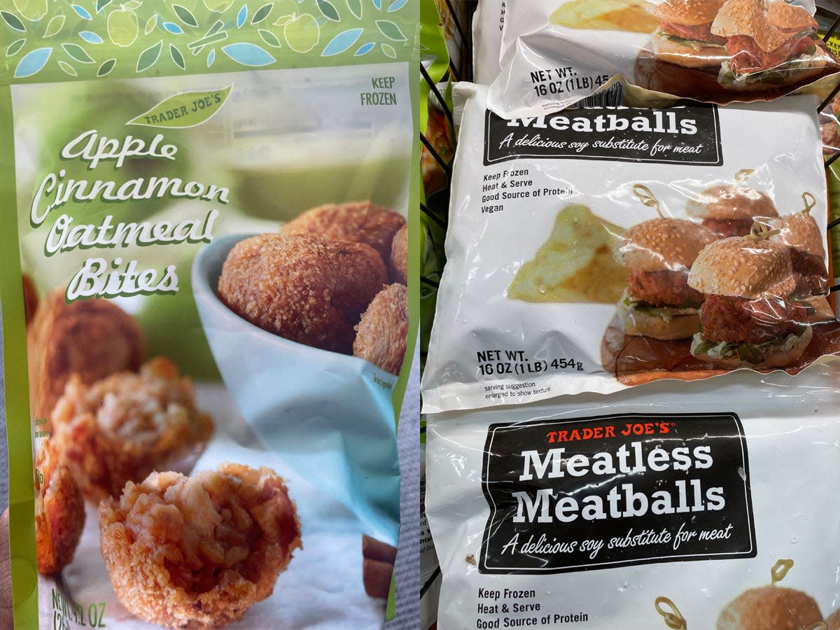 trader joes oatmeal bites next to trader joes meatless meatballs