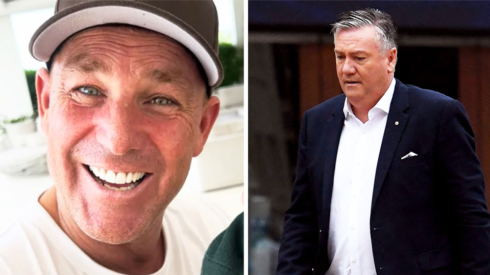 TV personality Eddie McGuire (pictured right) walking and (pictured left) Shane Warne smiling.