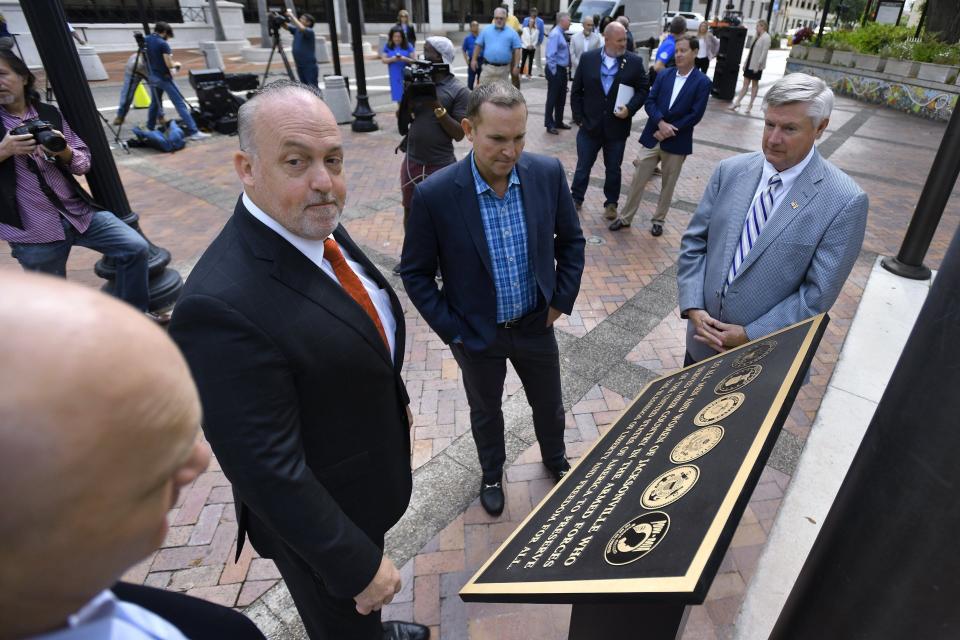 2022: Jacksonville City Council member Nick Howland (from left), David Trotti, chairman of the Veterans Council of Duval County, Mayor Lenny Curry and Councilman Matt Carlucci unveil a new plaque honoring military veterans at James Weldon Johnson Park downtown.