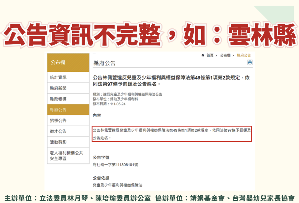 民進黨立委林月琴、陳培瑜與靖娟兒童安全文教基金會、台灣嬰幼兒家長協會共同召開記者會，直指犯兒少法「公布姓名」全國標準不一。林月琴辦公室提供。