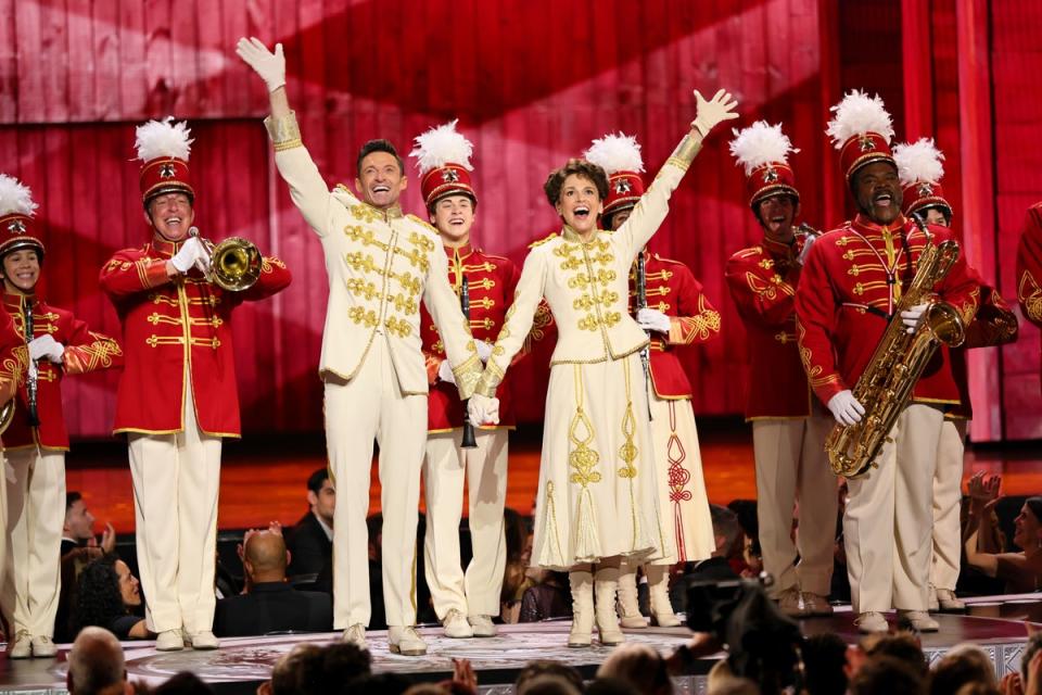 Hugh Jackman and Sutton Foster perform a number from “The Music Man” onstage  (Getty Images for Tony Awards Pro)