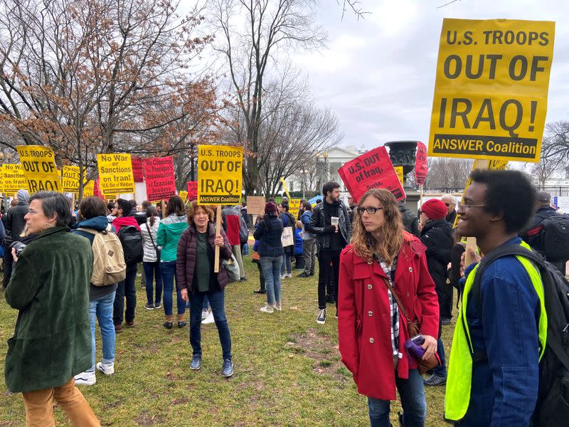 Anti-war protestors gather near the White House to condemn the U.S. air strike that killed Iranian military commander Qassem Soleimani, in Washington