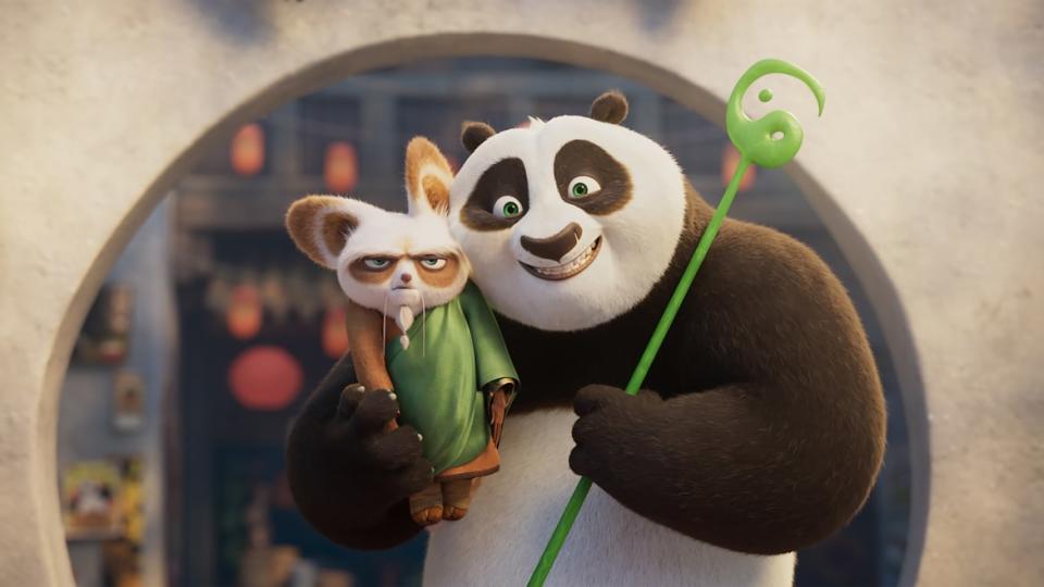 Dustin Hoffman as Shifu and Jack Black as Po in Kung Fu Panda 4.