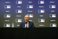 Major League Baseball commissioner Rob Manfred speaks during a news conference in Arlington, Texas, Thursday, Dec. 2, 2021. Owners locked out players at 12:01 a.m. Thursday following the expiration of the sport's five-year collective bargaining agreement. (AP Photo/LM Otero)