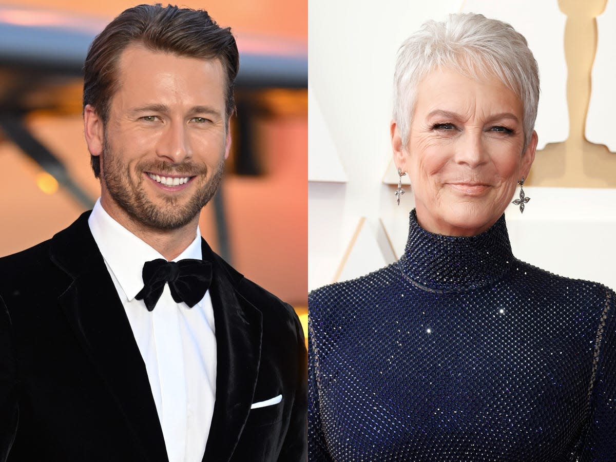 A side-by-side image of Glen Powell and Jamie Lee Curtis.