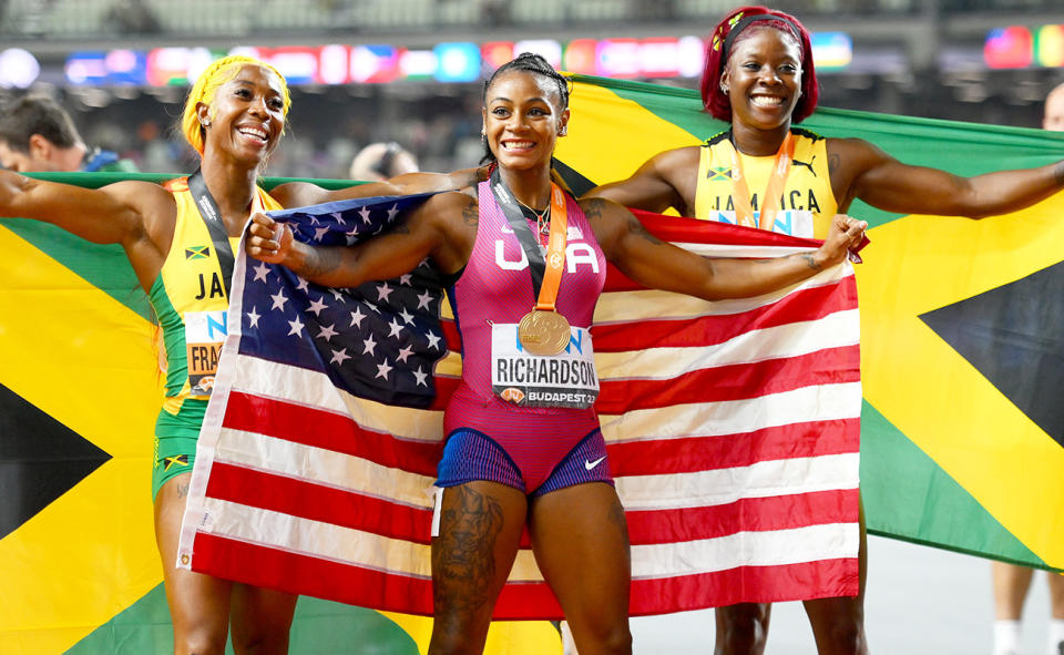 Shelly-Ann Fraser-Pryce, Sha'Carri Richardson and Shericka Jackson after the 100m final at the world championships.