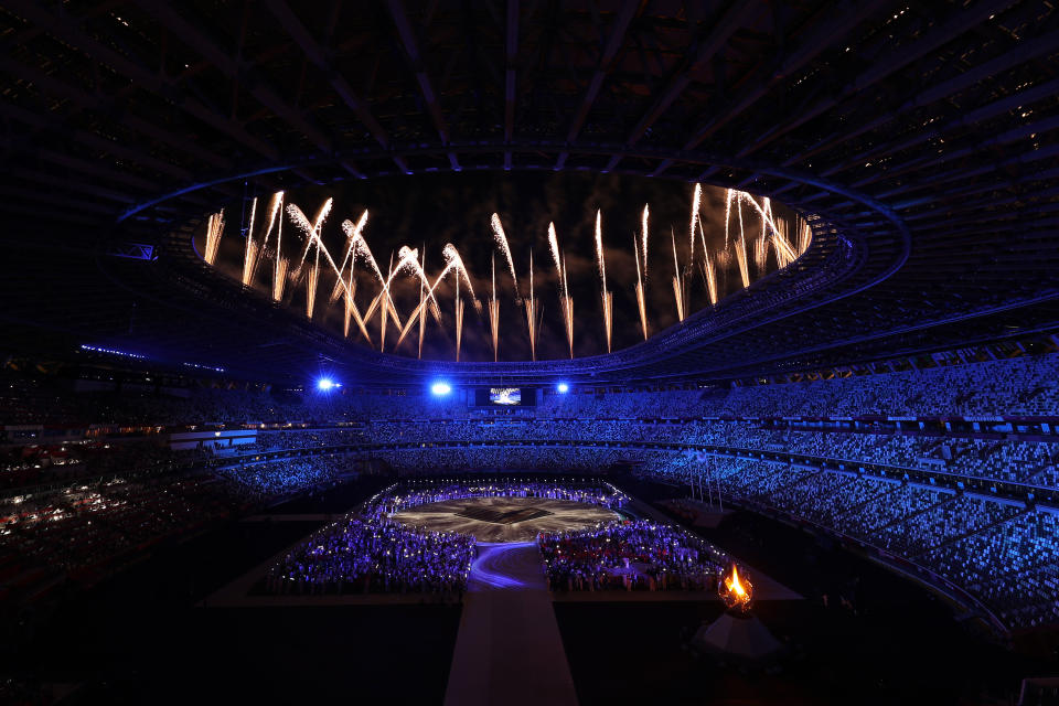 TOKYO, JAPAN - AUGUST 08: Fireworks erupt above the stadium during the Closing Ceremony of the Tokyo 2020 Olympic Games at Olympic Stadium on August 08, 2021 in Tokyo, Japan. (Photo by Francois Nel/Getty Images)