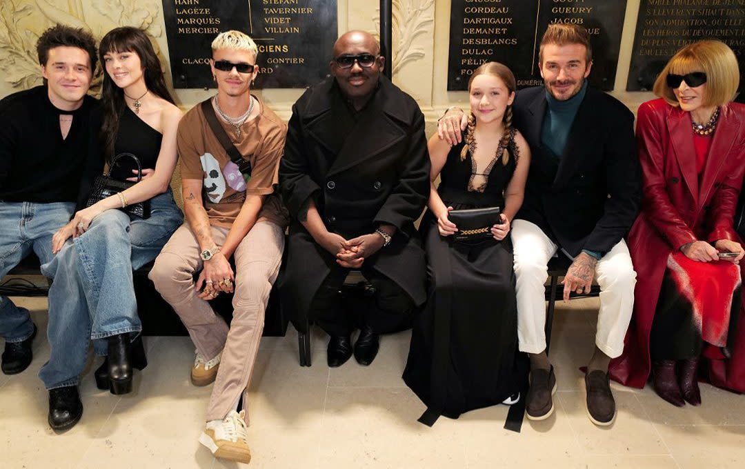 Victoria Beckham posted this photo on Instagram showing Brooklyn Beckham, Nicola Peltz Beckham, Romeo Beckham, Edward Enninful, Harper Seven Beckham, David Beckham and Anna Wintour