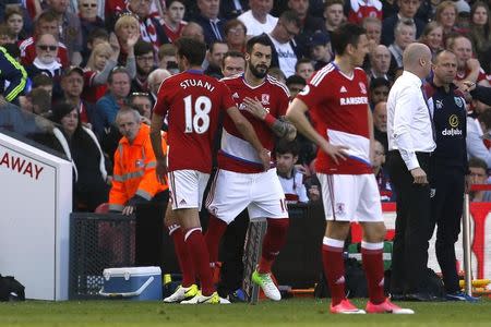 Britain Football Soccer - Middlesbrough v Burnley - Premier League - The Riverside Stadium - 8/4/17 Middlesbrough's Alvaro Negredo comes on as a substitute to replace Cristhian Stuani Action Images via Reuters / Craig Brough Livepic