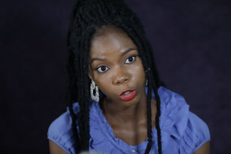 Foto de Anthonieta Kalunta "Aisha", la actriz principal de "The Milkmaid". en una entrevista con Reuters en Abuya
