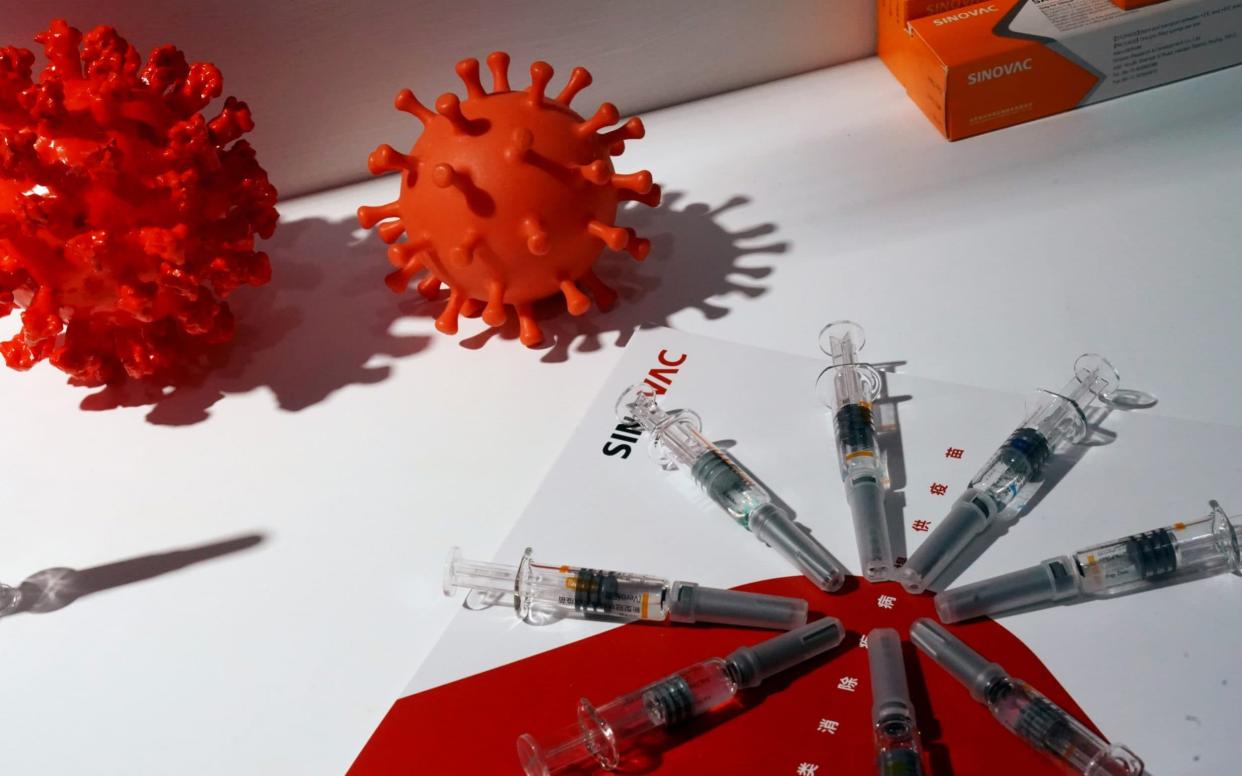 A booth displaying a coronavirus vaccine candidate from Sinovac Biotech Ltd in Beijing - REUTERS