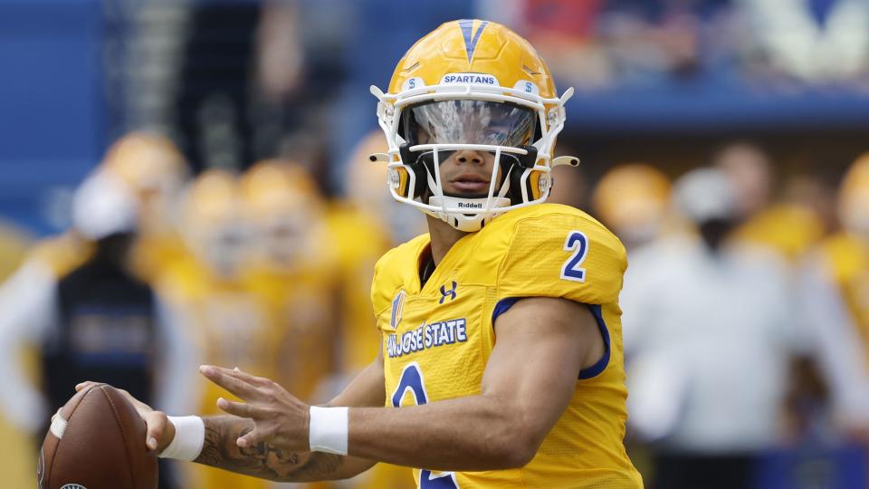 San Jose State quarterback Chevan Cordeiro (2) throws the ball in the first half of an NCAA college football game against Oregon State in San Jose, Calif., Sunday, Sept. 3, 2023. | Josie Lepe, Associated Press