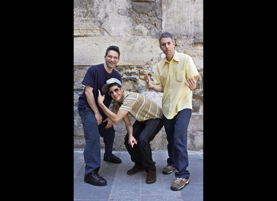 PARIS, FRANCE:  From left: Adrock aka Adam Horovitz, 38, Mike D aka Michael Diamond, 39, and MCA aka Adam Yauch, 37, respectively guitarist, drummer and bassist of the US band Beastie Boys, are pictured in Paris 20 May 2004. AFP PHOTO BERTRAND BUAY  (Photo credit should read BERTRAND GUAY/AFP/Getty Images)