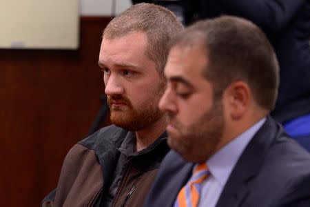 Joseph Irwin (L) appears in court for a felony hearing relative to the beating of Christopher Leonard in New Hartford, New York October 21, 2015. Irwin's case was adjourned until December 15, 2015. REUTERS/Tina Russell/Observer-Dispatch/Pool