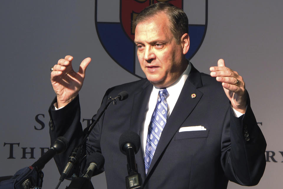 FILE - In this Monday, Oct. 5, 2015 file photo, The Rev. R. Albert Mohler Jr., president of Southern Baptist Theological Seminary, speaks to reporters about a conference in Louisville, Ky., focusing on homosexuality and how to offer pastoral care to gays. In 2023, Mohler, one of the denomination's most prominent leaders, said he hopes “the Republican Party nominee will be someone not named Donald Trump.” Mohler said opposition to abortion is non-negotiable. (AP Photo/Bruce Schreiner, File)