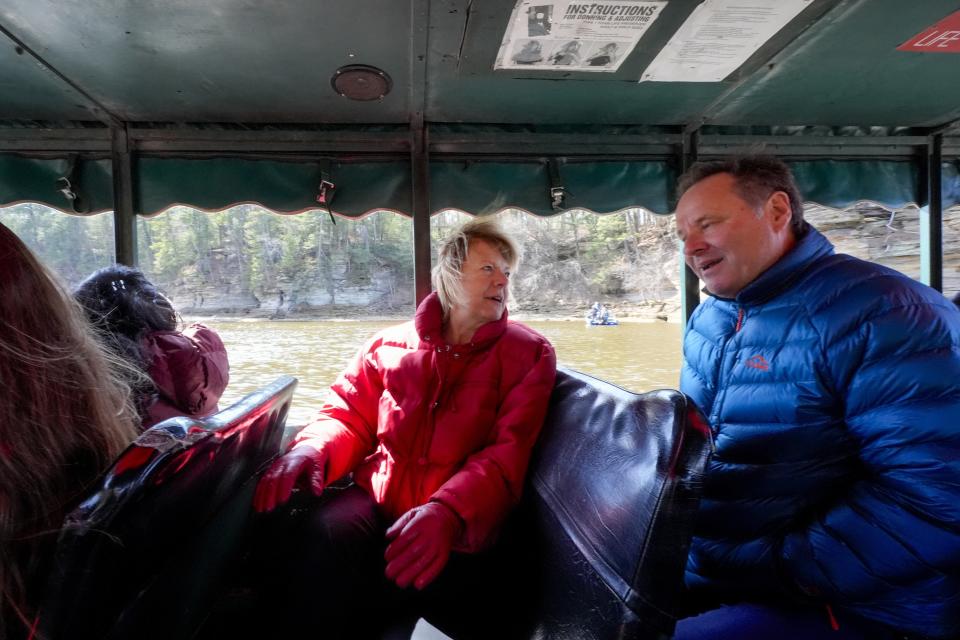 Wisconsin Democratic U.S. Sen. Tammy Baldwin talks to Dan Gavinski while riding a Wisconsin Dells Duck during a campaign stop Friday, March 29, 2024, in Wisconsin Dells, Wis. The stop was part of her campaign launch tour in a race against Republican Eric Hovde the could determine who has majority control of the Senate. The Wisconsin Senate race between Democratic Sen. Tammy Baldwin and Republican Eric Hovde is setting up as one of the most competitive and expensive Senate races in the country. (AP Photo/Morry Gash)