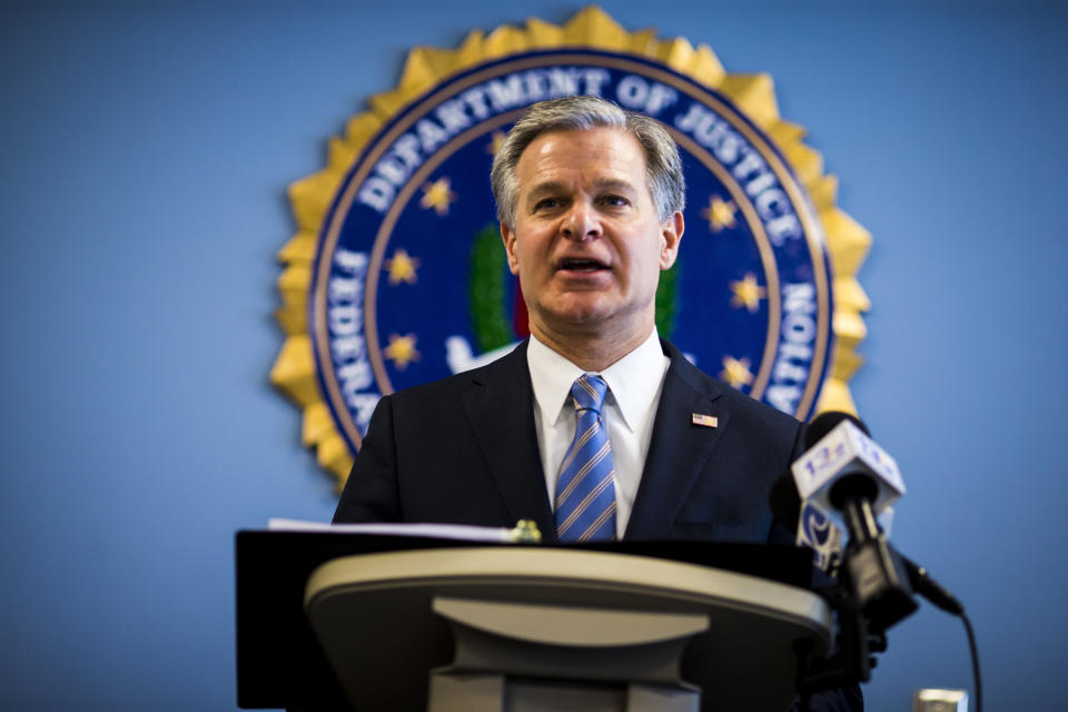 FBI Director Christopher Wray, speaks at the FBI Norfolk Field Office, Wednesday, Feb. 15, 2023, in Chesapeake, Va. (AP Photo/John C. Clark)