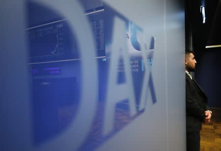 The DAX (German stock index) logo is seen at the stock exchange in Frankfurt, Germany, March 23, 2018. REUTERS/Kai Pfaffenbach