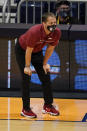 Arkansas head coach Eric Musselman watches from the sideline as his team played against Texas Tech in the first half of a second-round game in the NCAA men's college basketball tournament at Hinkle Fieldhouse in Indianapolis, Sunday, March 21, 2021. (AP Photo/Michael Conroy)