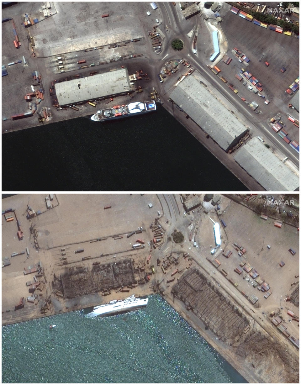 This combination of satellite images provided by Maxar Technologies shows the port of Beirut in Lebanon, top, on July 31, 2020, and the same area on Wednesday, August 5. Source: AP