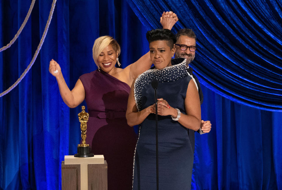 Jamika Wilson, Mia Neal, and Sergio Lopez-Rivera accept the Makeup and Hairstyling award for 'Ma Rainey's Black Bottom’ during the 93rd Annual Academy Awards<span class="copyright">A.M.P.A.S. via Getty Images—2021 A.M.P.A.S.</span>