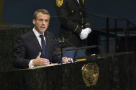 French President Emmanuel Macron addresses the 73rd session of the United Nations General Assembly, Tuesday, Sept. 25, 2018 at U.N. headquarters. (AP Photo/Mary Altaffer)