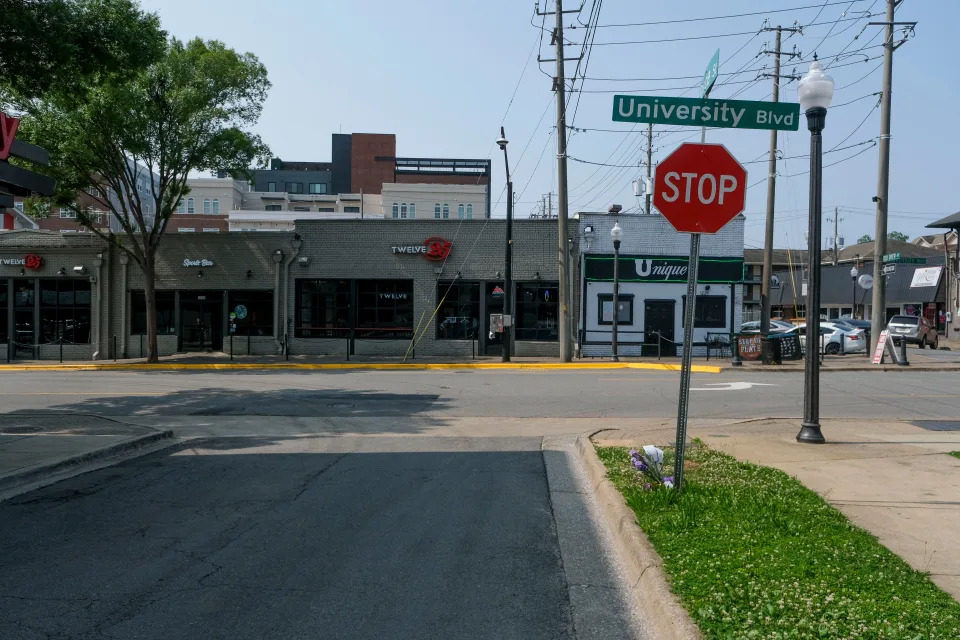 The intersection of Grace Street and University Boulevard where the Jeep parked for six minutes across the street from Twelve25. This is where the Jeep sat when Michael Davis approached to talk to them the first time at 1:36 a.m. on Jan. 15. This photo was taken on May 25.