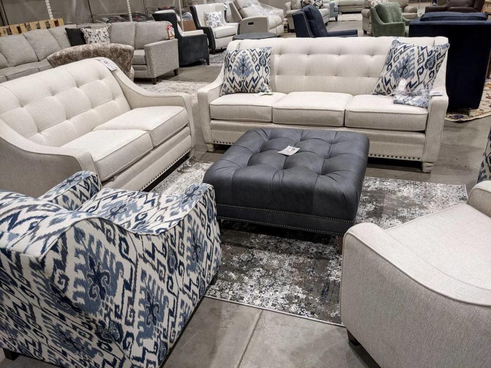 A living room display at Mueller Furniture and Mattress Warehouse Showroom