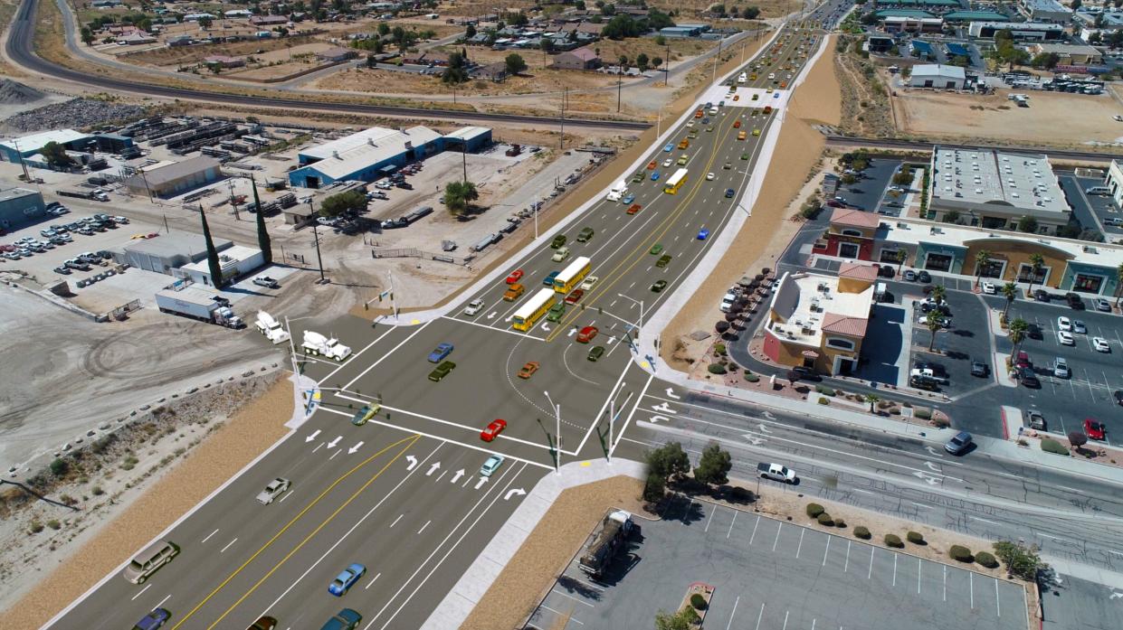 A rendering shows the widening of the Bear Valley Road overhead bridge and Ridgecrest Road intersection with an additional turn lane.