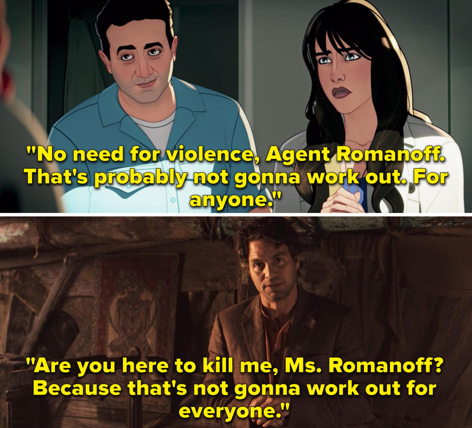 Bruce saying, "Are you here to kill me, Ms. Romanoff? Because that's not gonna work out for everyone"