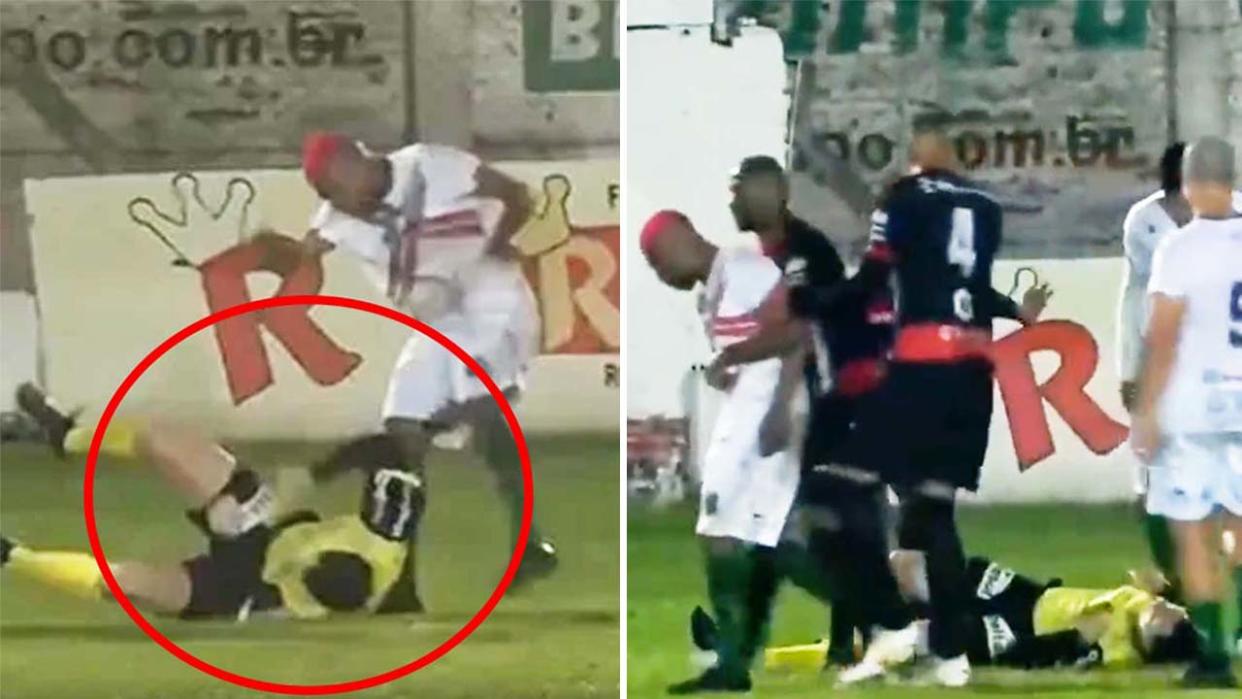 Sport Club Sao Paulo's William Ribeiro (pictured left) allegedly kicking a referee and (pictured right) being dragged away.