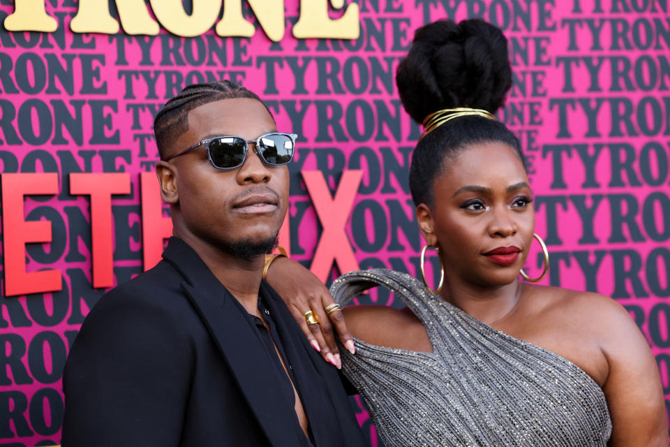 Cast members John Boyega and Teyonah Parris attend a premiere for the film 