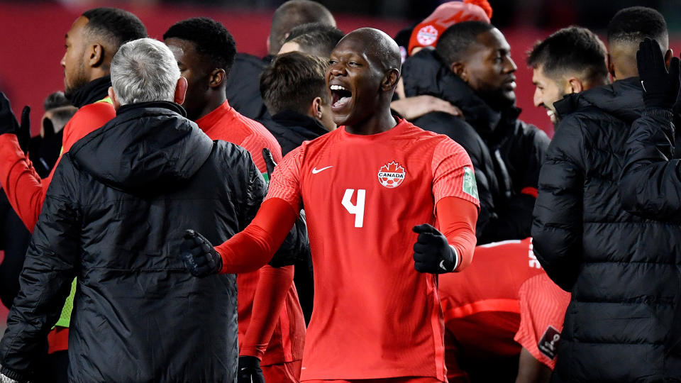 Kamal Miller celebrates during the World Cup Qualifier match between Canada and Costa Rica. (Photo by Dale Macmillan/Soccrates/Getty Images)