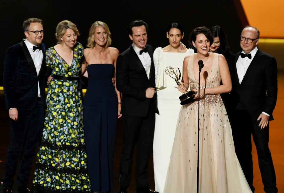 LOS ANGELES, CALIFORNIA - SEPTEMBER 22: Phoebe Waller-Bridge (speaking) and fellow cast and crew members of 'Fleabag' accept the Outstanding Comedy Series award onstage during the 71st Emmy Awards at Microsoft Theater on September 22, 2019 in Los Angeles, California. (Photo by Kevin Winter/Getty Images)