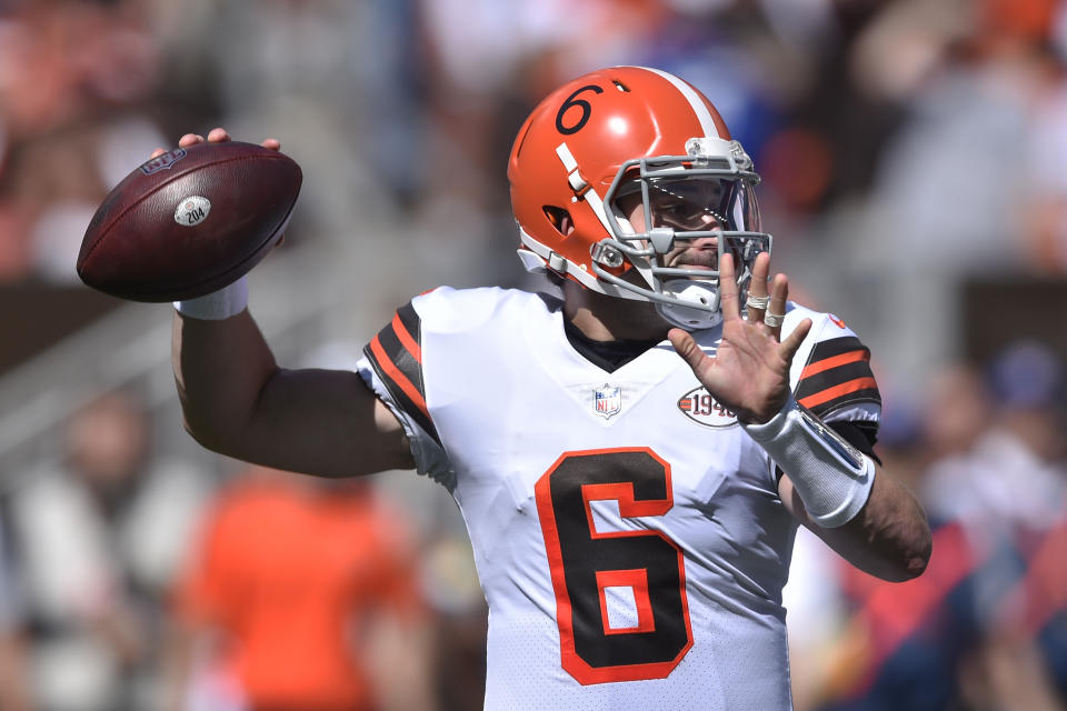 Cleveland Browns quarterback Baker Mayfield throws during the first half of an NFL football game against the Chicago Bears, Sunday, Sept. 26, 2021, in Cleveland. (AP Photo/David Richard)