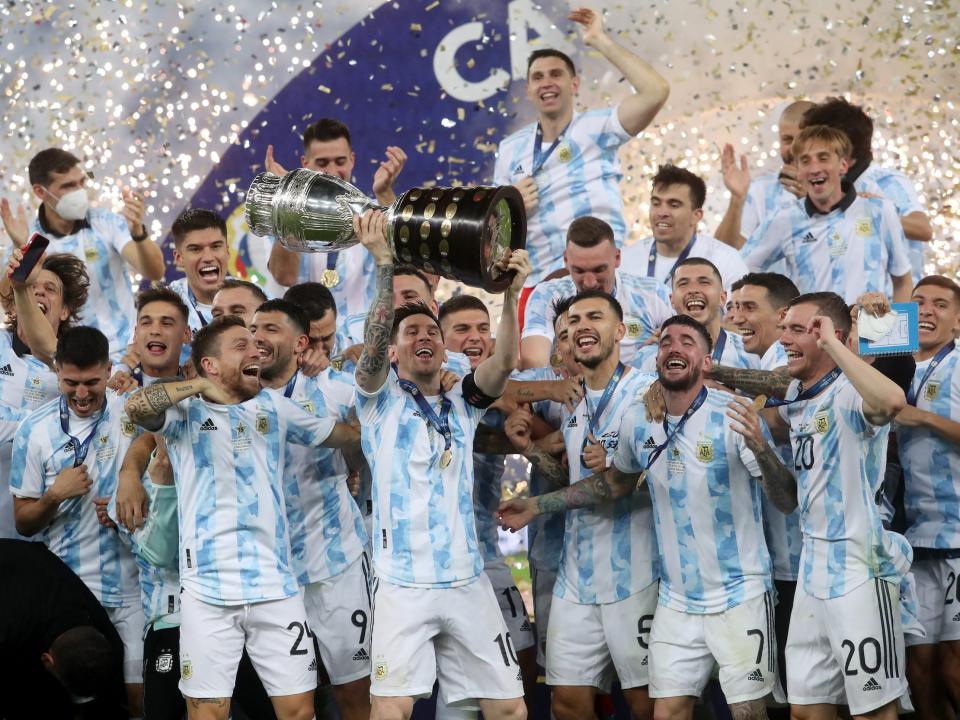 Lionel Messi celebrates winning the 2021 Copa América with Argentina.