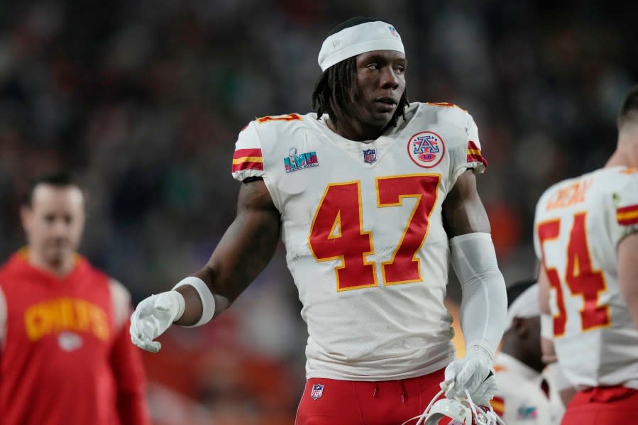 Kansas City Chiefs linebacker Darius Harris (47) looks on during the NFL Super Bowl 57 football game against the Philadelphia Eagles, Sunday, Feb. 12, 2023, in Glendale, Ariz. The Kansas City Chiefs defeated the Philadelphia Eagles 38-35. (AP Photo/Steve Luciano)