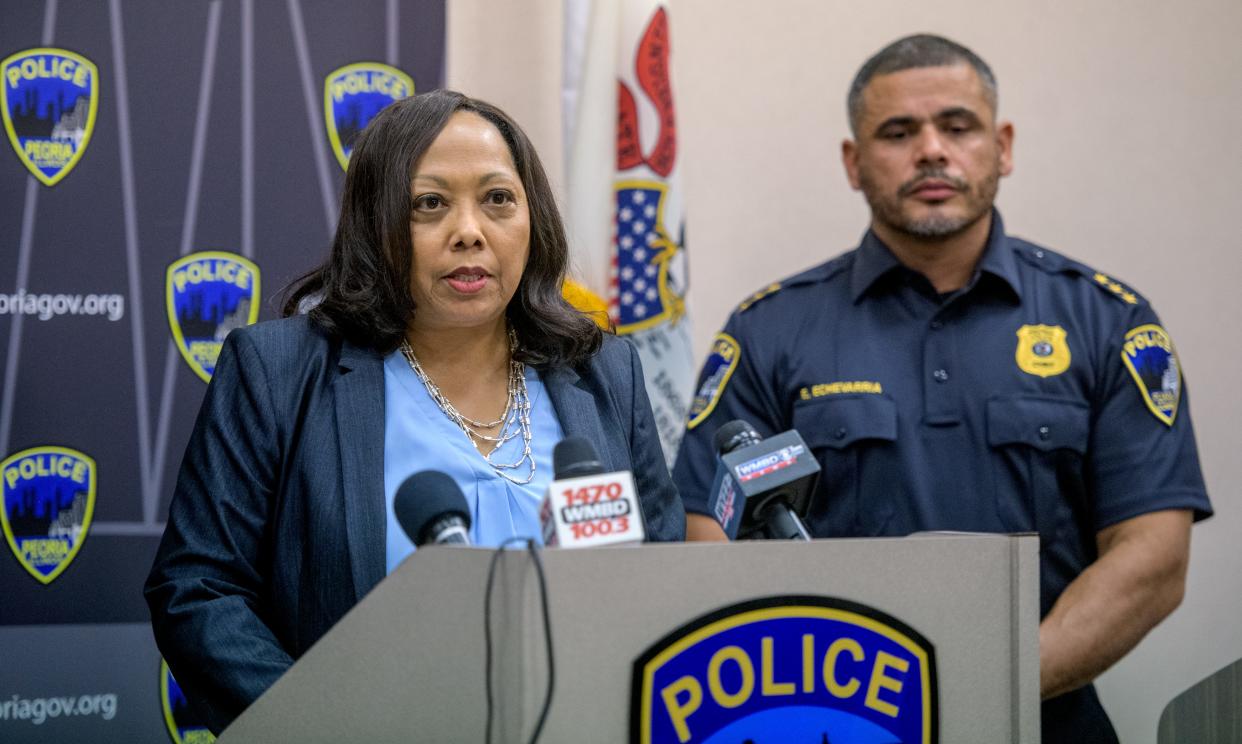 Peoria Mayor Rita Ali pleads for peace after multiple shootings over the last two days during a news conference Thursday, Aug. 31, 2023, at the Peoria Police Department headquarters.