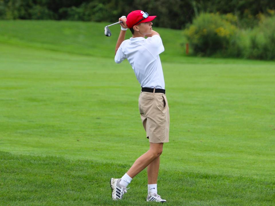 Bridgewater-Raynham's Jack Balutis chips from the rough during a Southeastern Conference match against Durfee at Olde Scotland Links on Aug. 29, 2023.