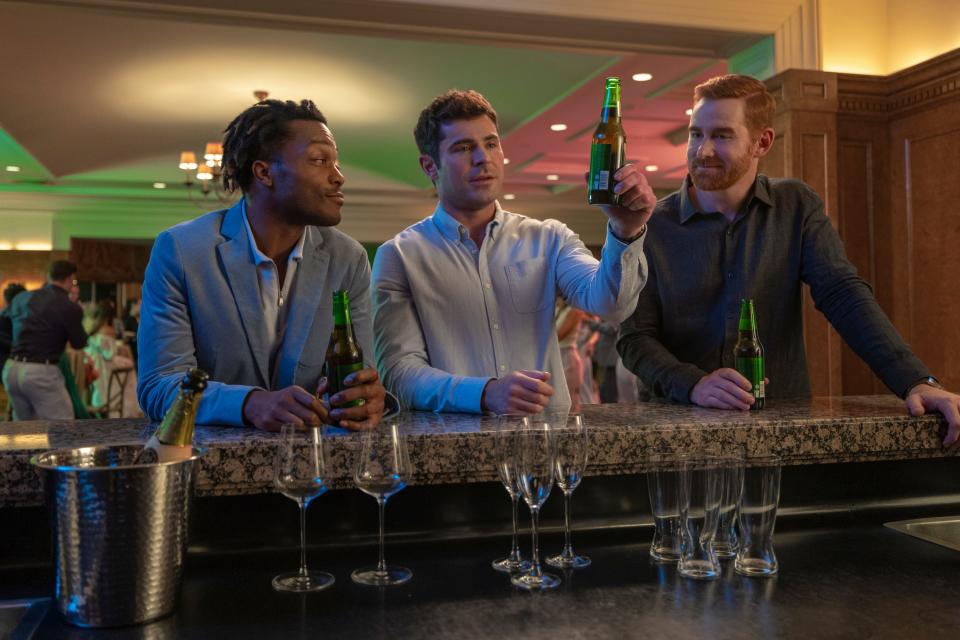 Jermaine Fowler, far left, Zac Efron and Andrew Santino play lifelong best friends in the comedy directed by Peter Farrelly.